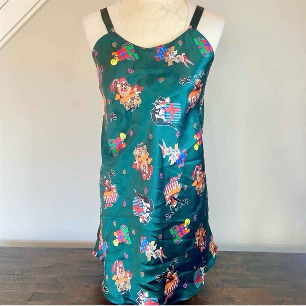 Vintage Looney Tunes Lingerie Green Satin Nightgown 1997 Christmas Slip Small
